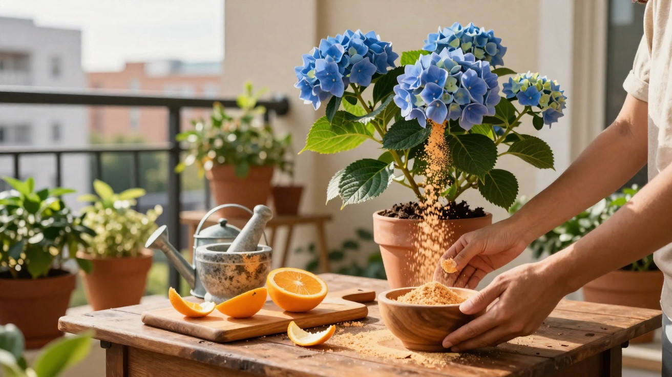 Hands sprinkling brown sugar from a wooden bowl onto a blue hydrangea plant on a wooden table.