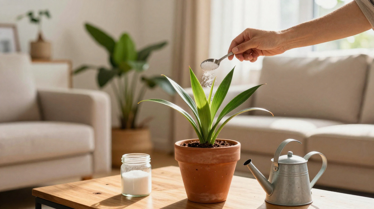 Hand sprinkling white powder onto a green houseplant in a terracotta pot on a wooden table.
