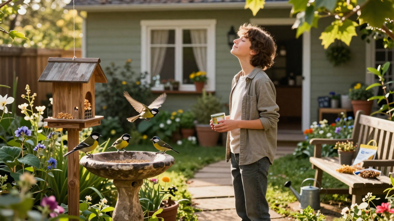 Young boy feeding birds in a garden with birdhouse, birdbath, flowers, and a bench in the background.