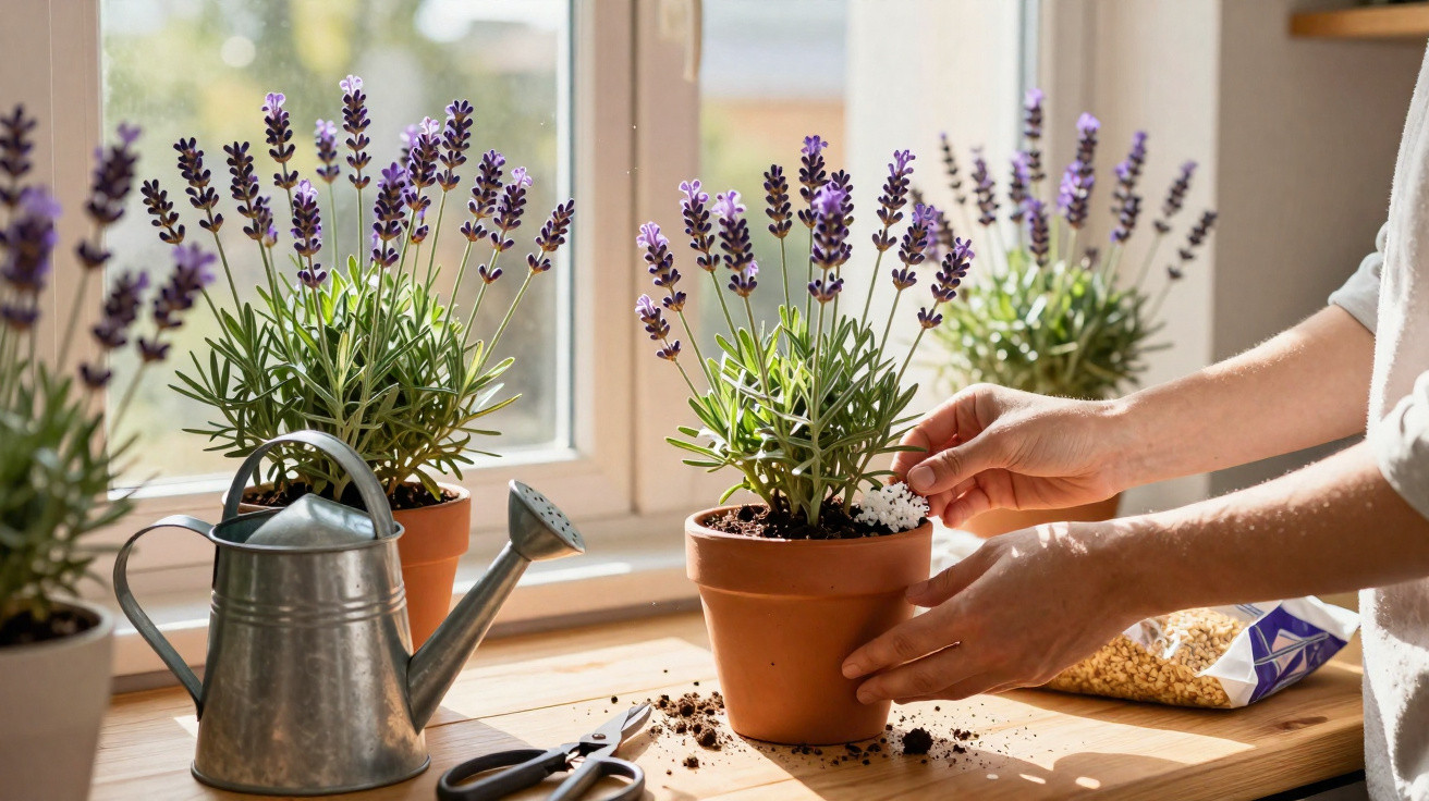 Person tending to lavender plants in pots on a sunny windowsill with gardening tools and a watering can nearby.