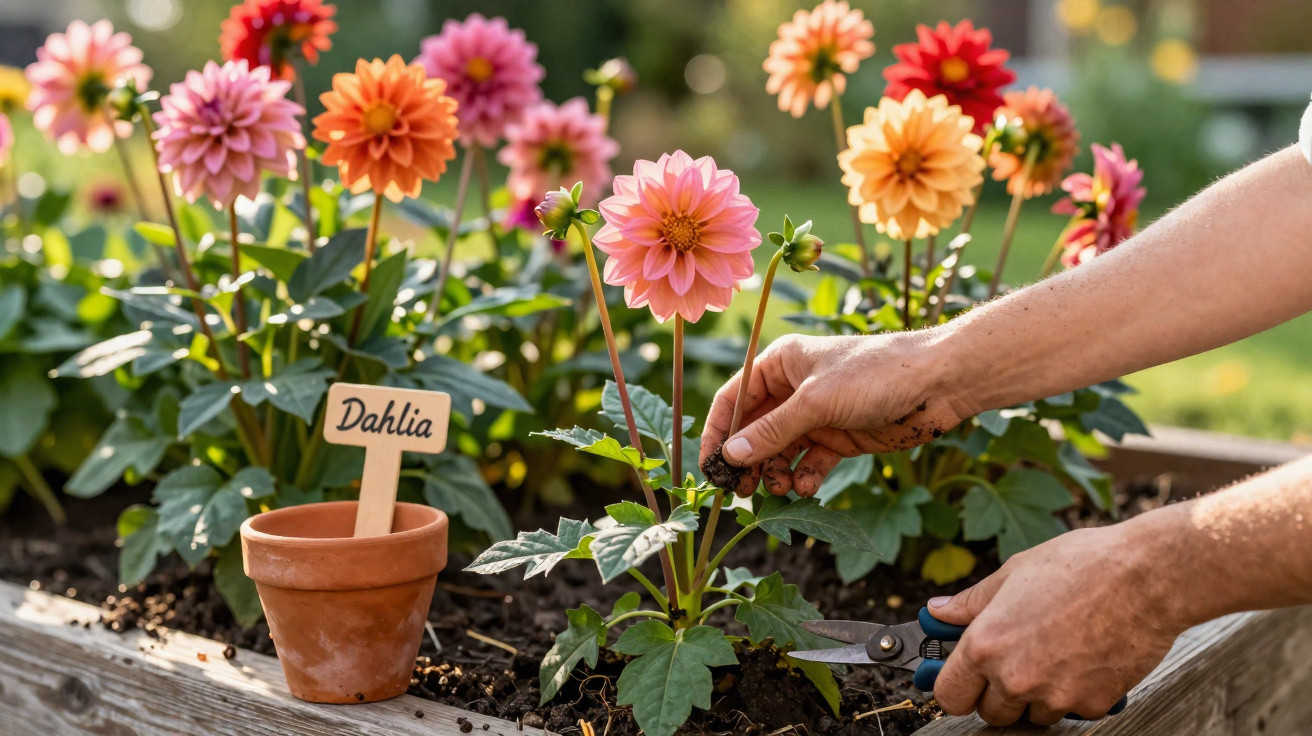 Person trimming pink and orange dahlia flowers in a garden bed with a labelled terracotta pot nearby.