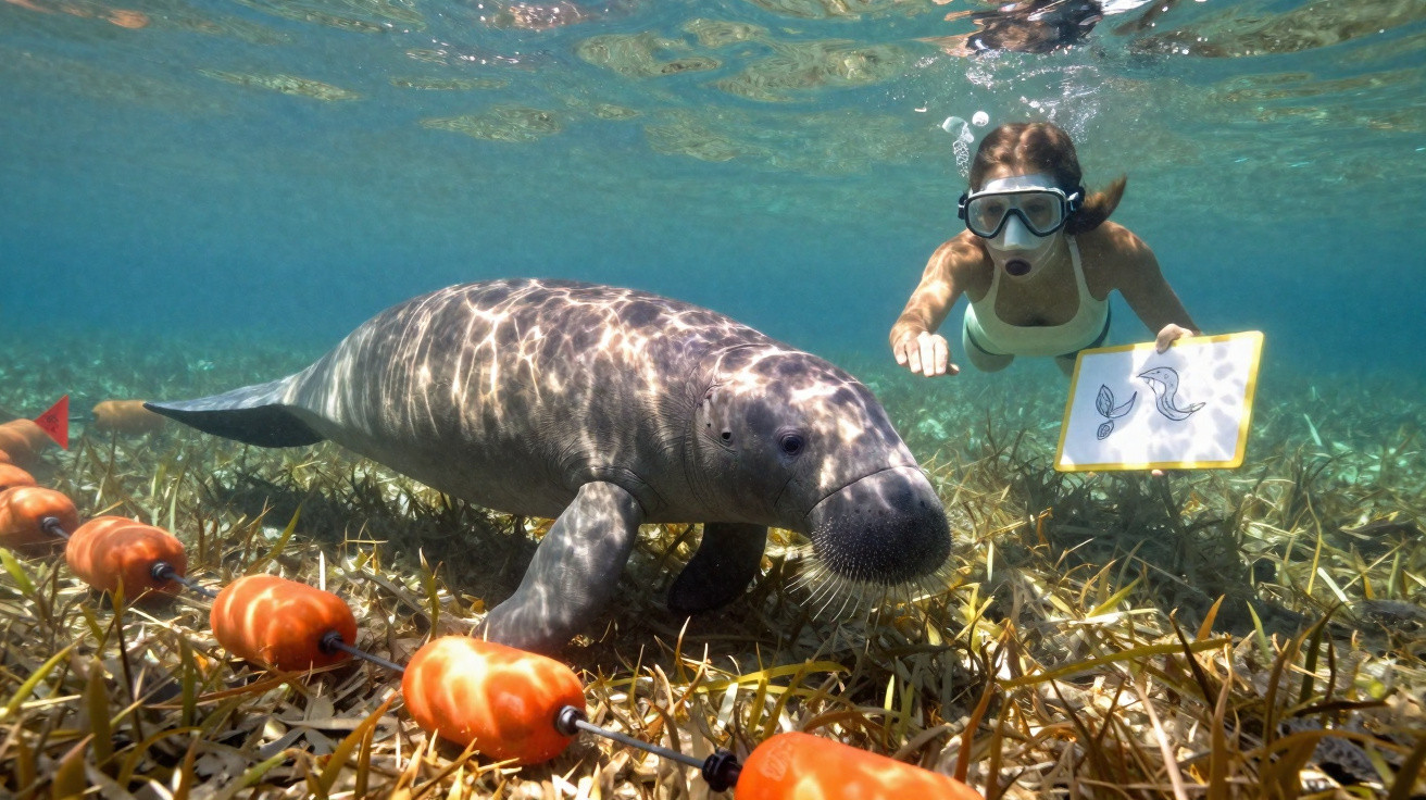 Underwater view of a snorkeller communicating with a manatee in seagrass near orange buoys.