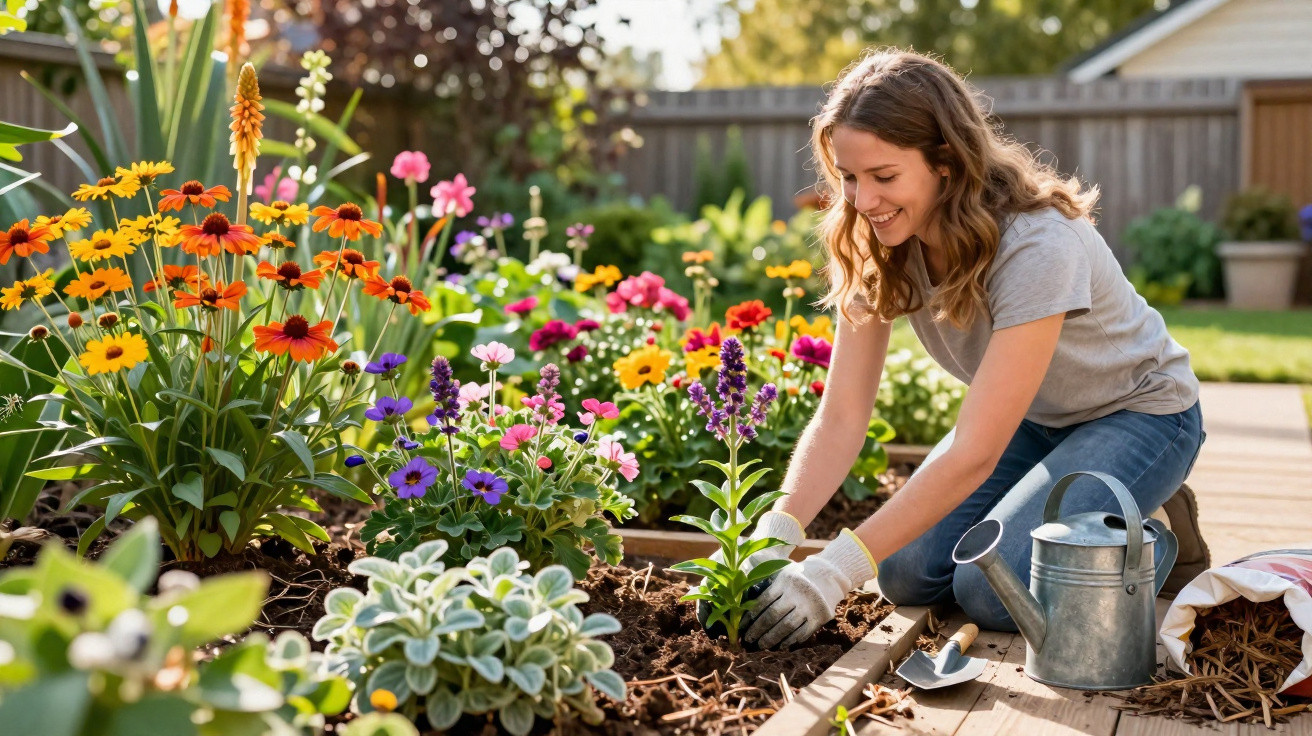 Woman gardening, planting flowers in a sunlit garden bed with a watering can nearby.