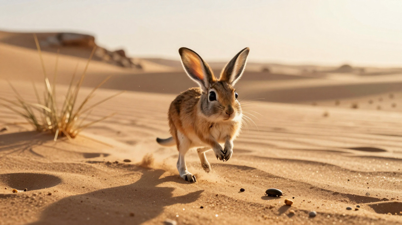 Close-up of a small desert hare running across sandy dunes with sparse vegetation in bright sunlight.