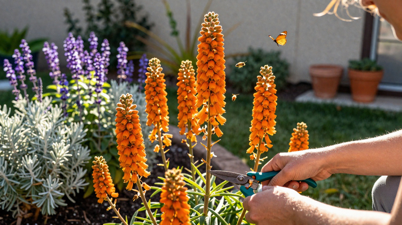 Person pruning tall orange flowers in a garden with bees and a butterfly flying nearby on a sunny day.