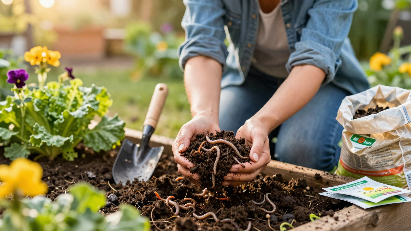 Person holding soil and earthworms over a garden bed with plants, a trowel, and gardening supplies nearby.