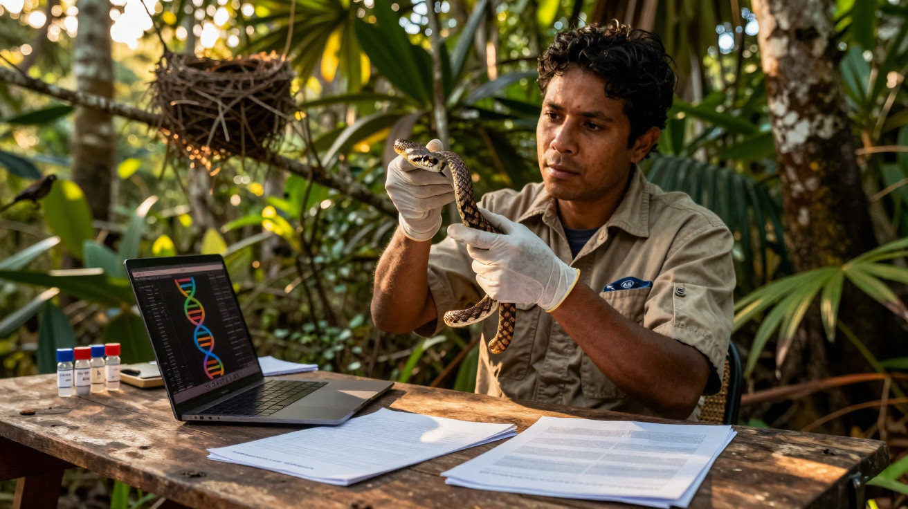 Scientist wearing gloves examining a snake in a forest with a laptop displaying DNA strands on a wooden table.