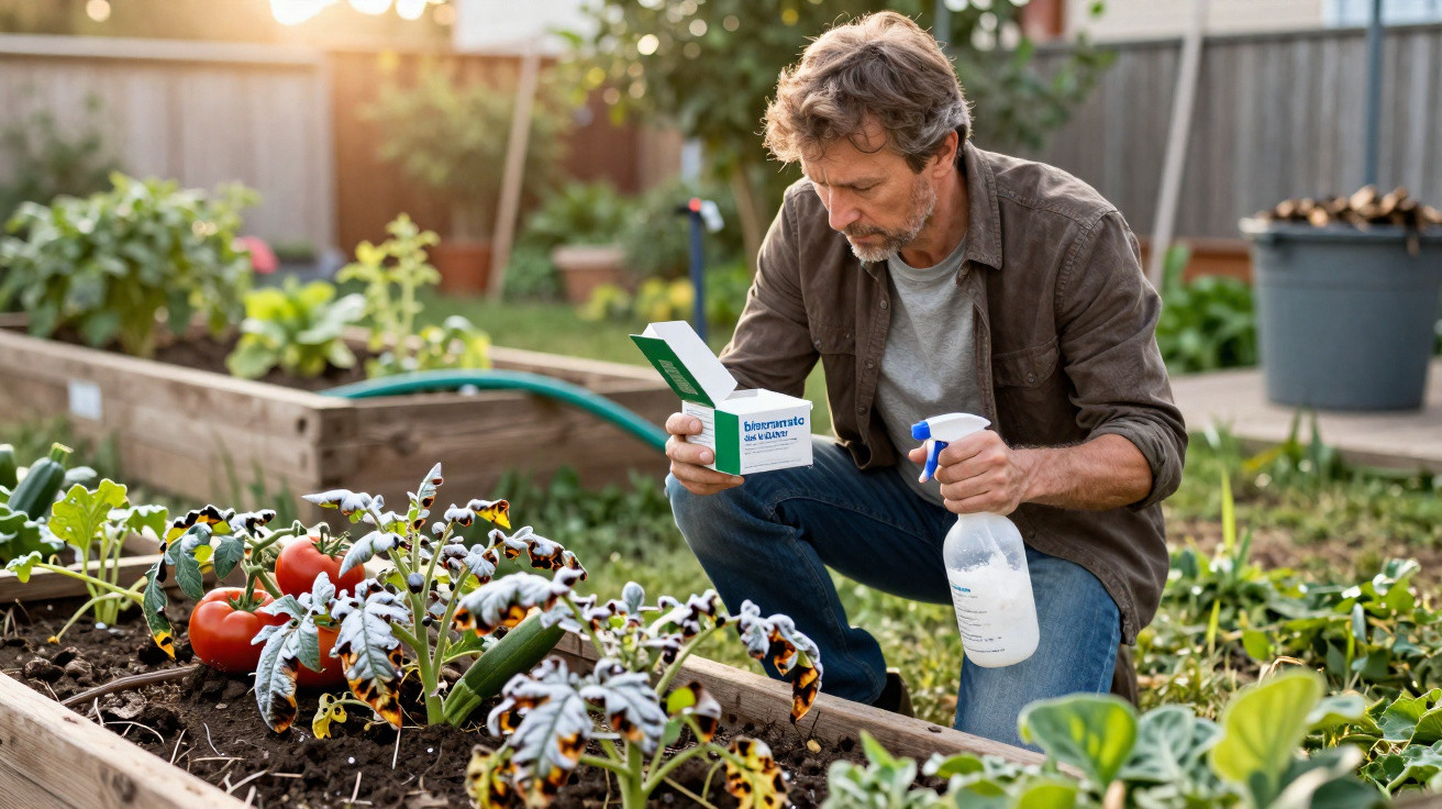Man inspecting box and spray bottle while kneeling by damaged tomato plants in a garden at sunset.