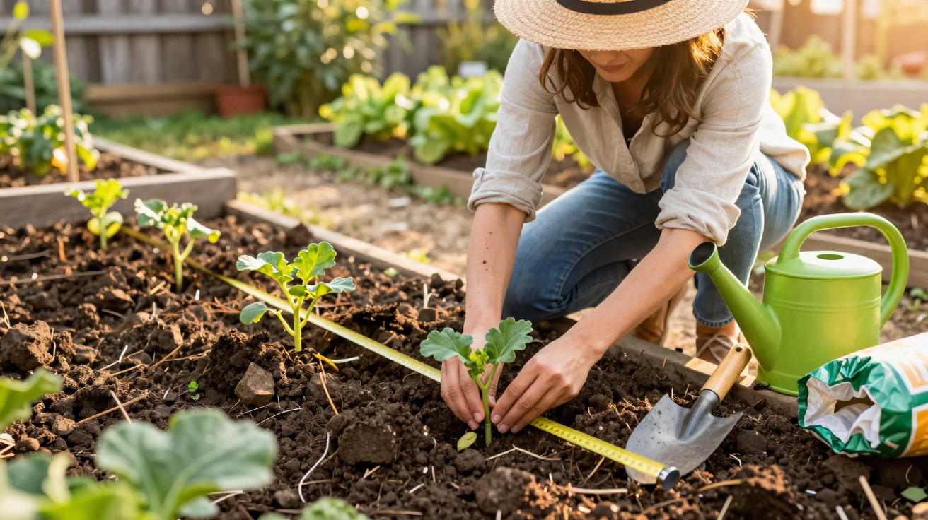 Person wearing a hat planting seedlings in a garden bed with a watering can and gardening tools nearby.
