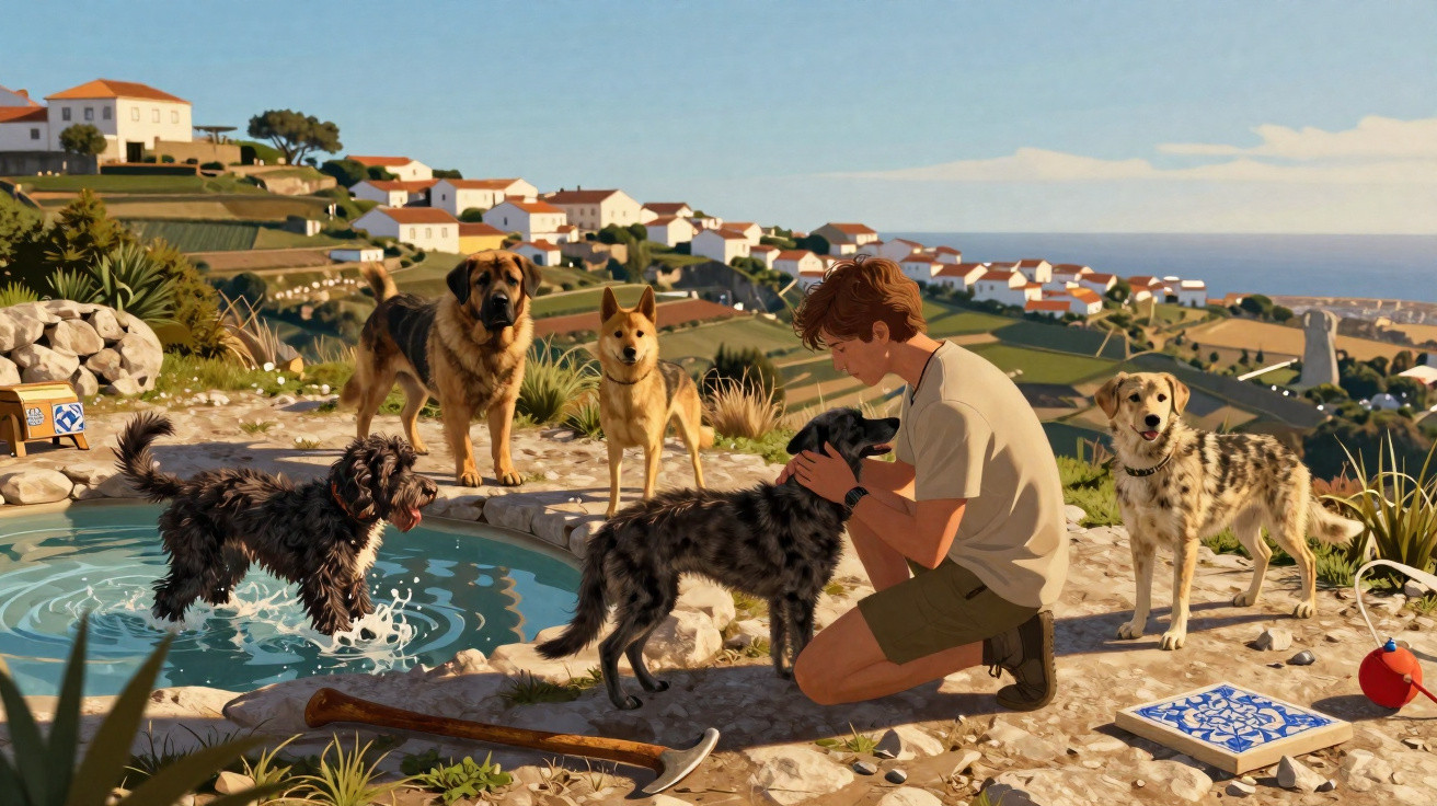 Boy kneeling to pet a black dog near a pool, surrounded by four other dogs in a sunny coastal village setting.
