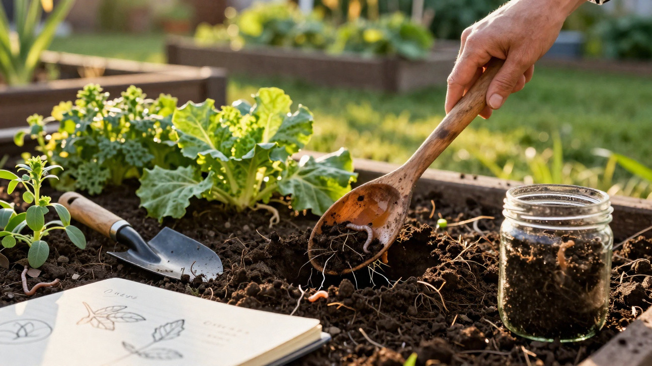 Hand holding wooden spoon digging soil in garden bed with worms, plants, gardening trowel, and open notebook.