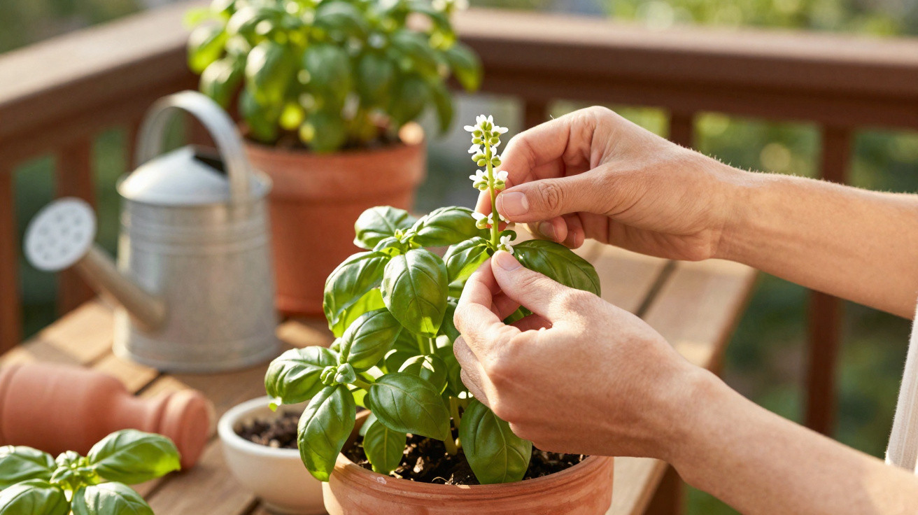 Hands tending to a basil plant with white flowers on a wooden table with watering can in the background.