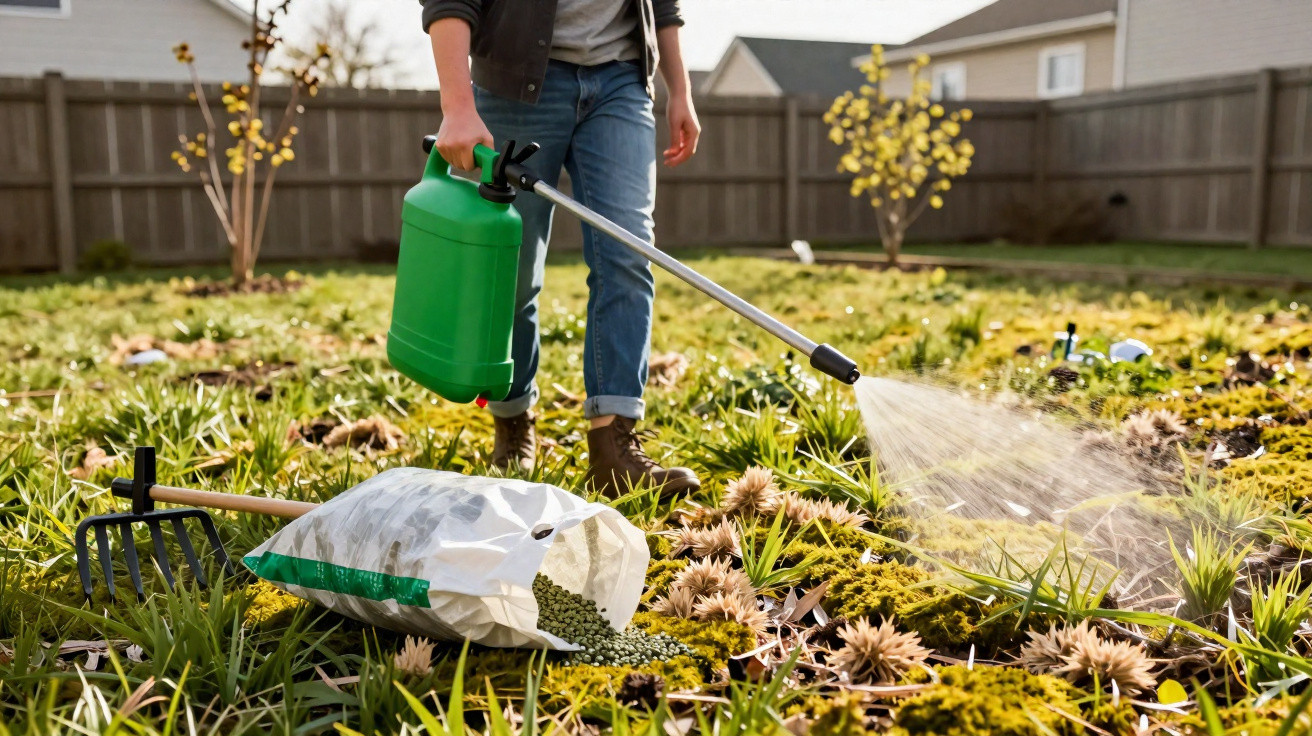 Person spraying plants in a garden with a green sprayer, surrounded by gardening tools and plant fertiliser.