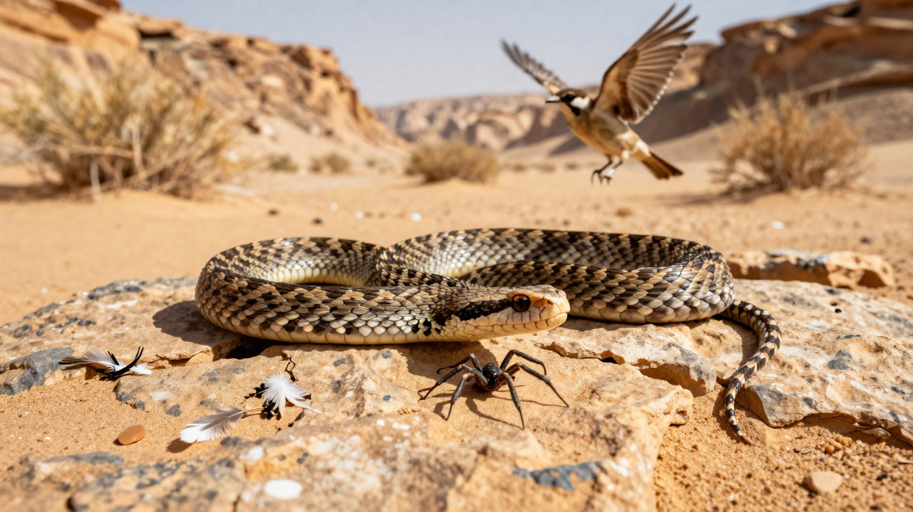 Coiled snake on rocky desert ground with a spider nearby and a bird flying above in arid landscape.
