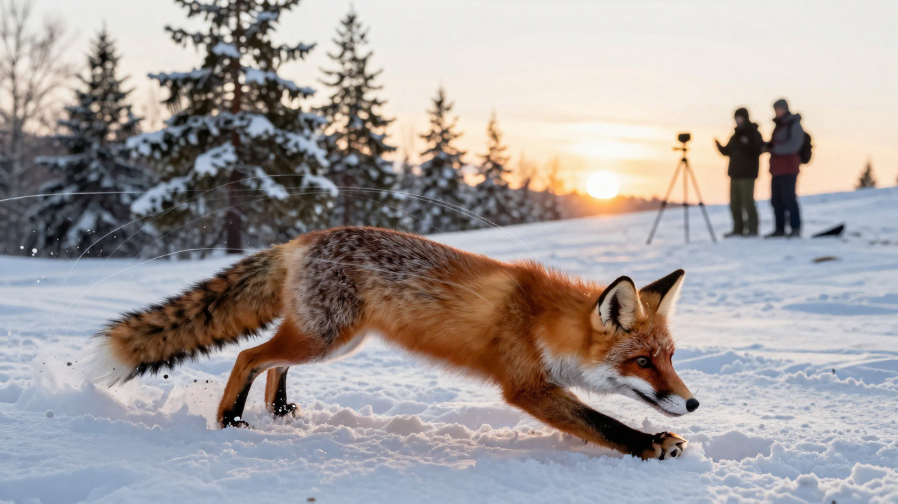 Red fox pouncing in snowy landscape at sunset with two photographers and evergreen trees in background.