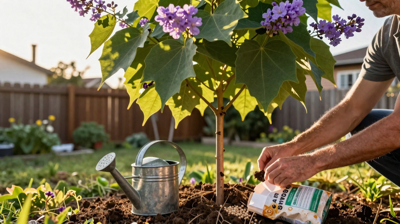 Person planting fertiliser near a small tree with purple flowers in a sunlit garden.