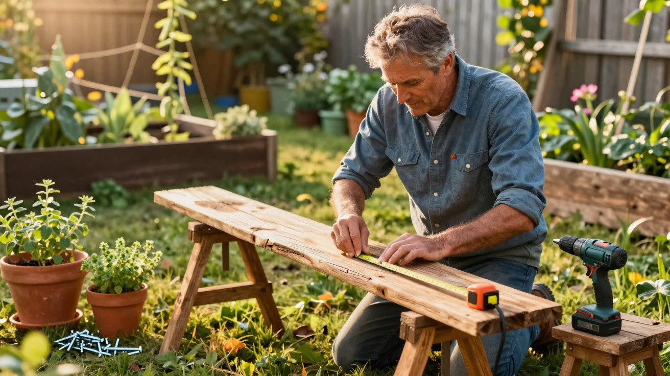 Middle-aged man measuring wood on sawhorses in a sunny garden with potted plants and a cordless drill nearby.