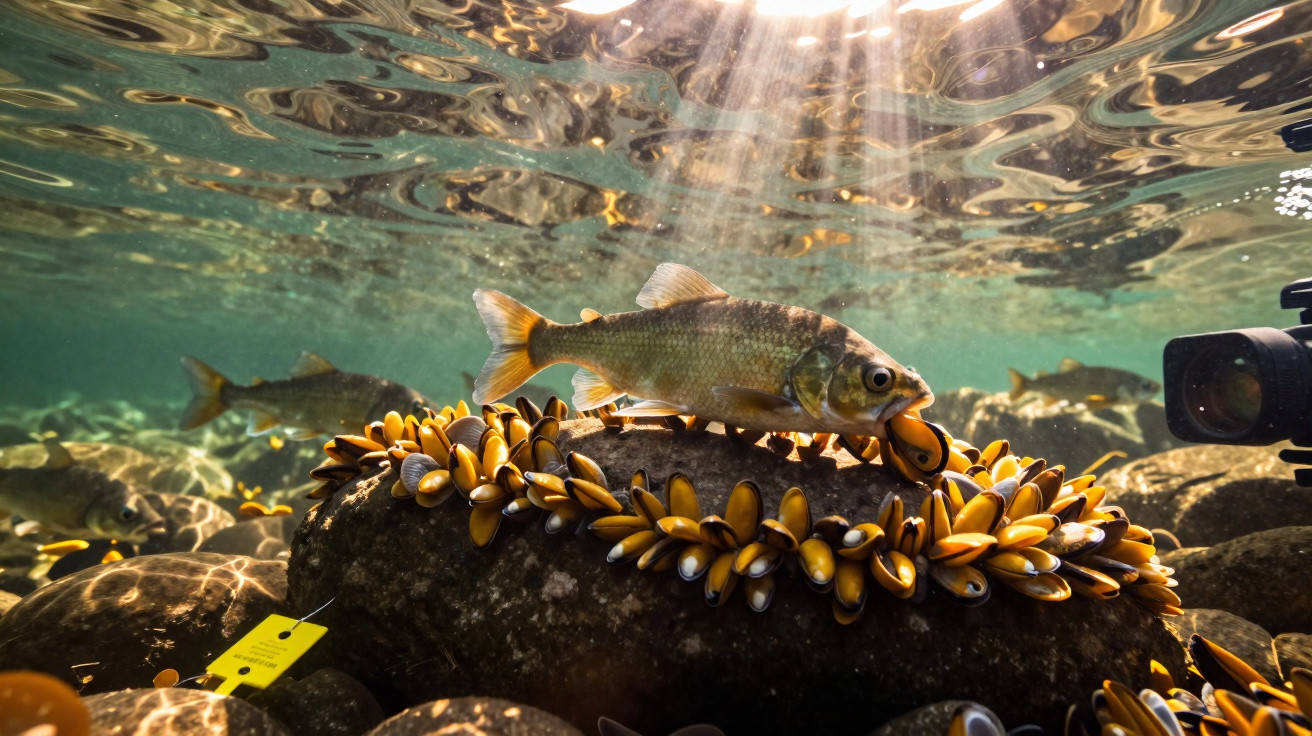 Underwater scene of a fish eating a mussel on a rock covered in yellow mussels with sunlight filtering through water.