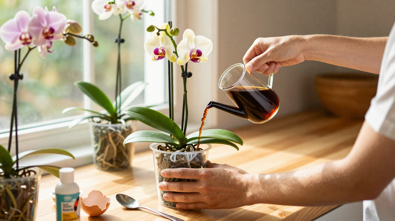 Person watering white and pink orchids on a windowsill with a small glass watering pot indoors.