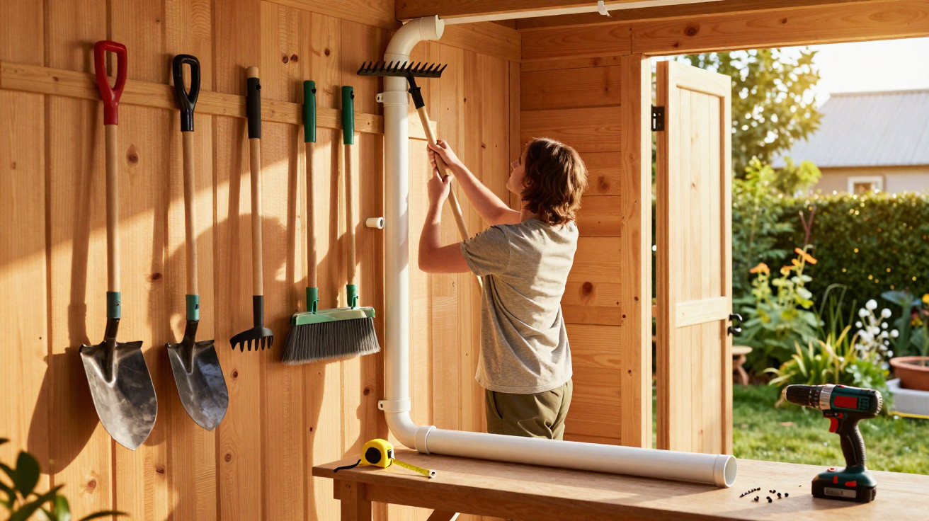 Person organising garden tools on a wooden shed wall with sunlight streaming through an open door.