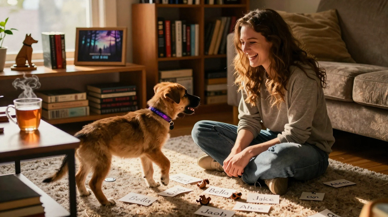 Woman sitting on carpet playing with a small brown dog surrounded by name cards in a cosy living room.