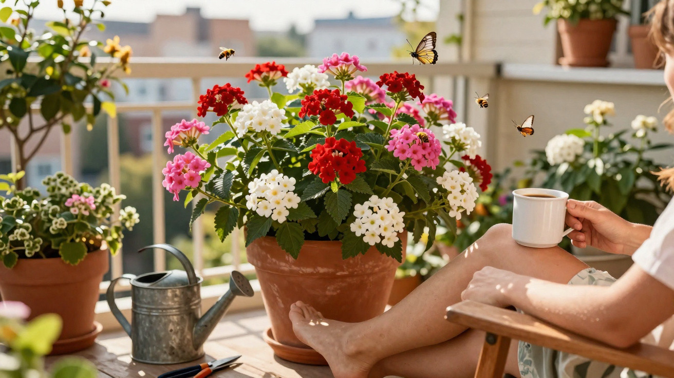 Person relaxing on balcony with a cup of coffee near colourful flowering plants and flying butterflies and bees