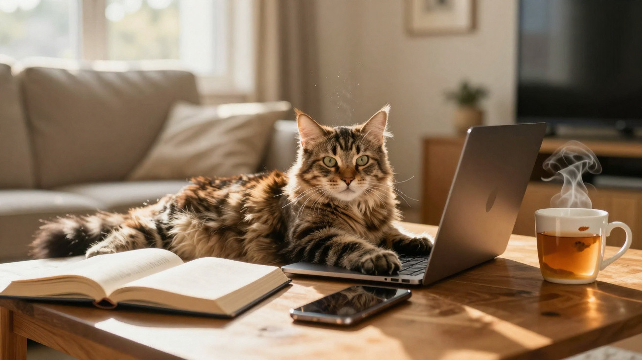 Tabby cat lying on a laptop on a wooden table beside an open book, smartphone, and steaming cup of tea in a cosy living room.