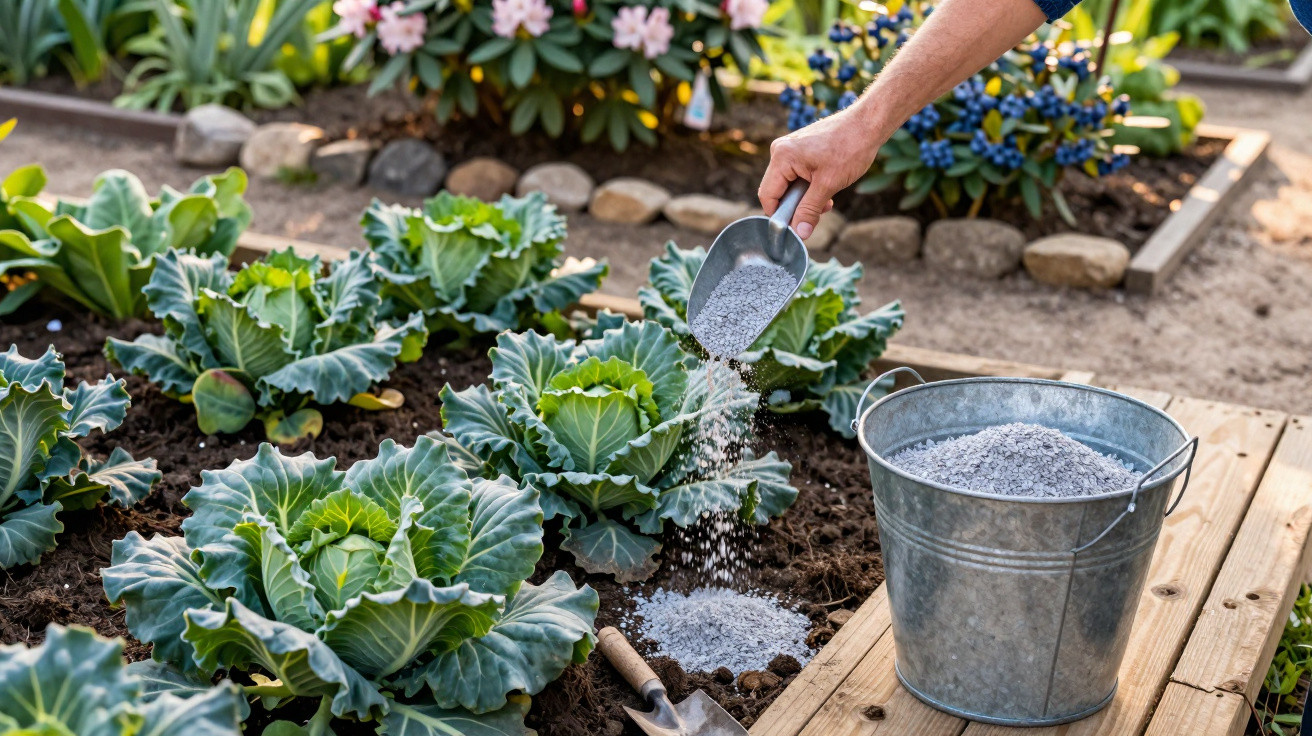 Hand pouring granular fertiliser onto soil near cabbage plants in garden with bucket and trowel nearby.