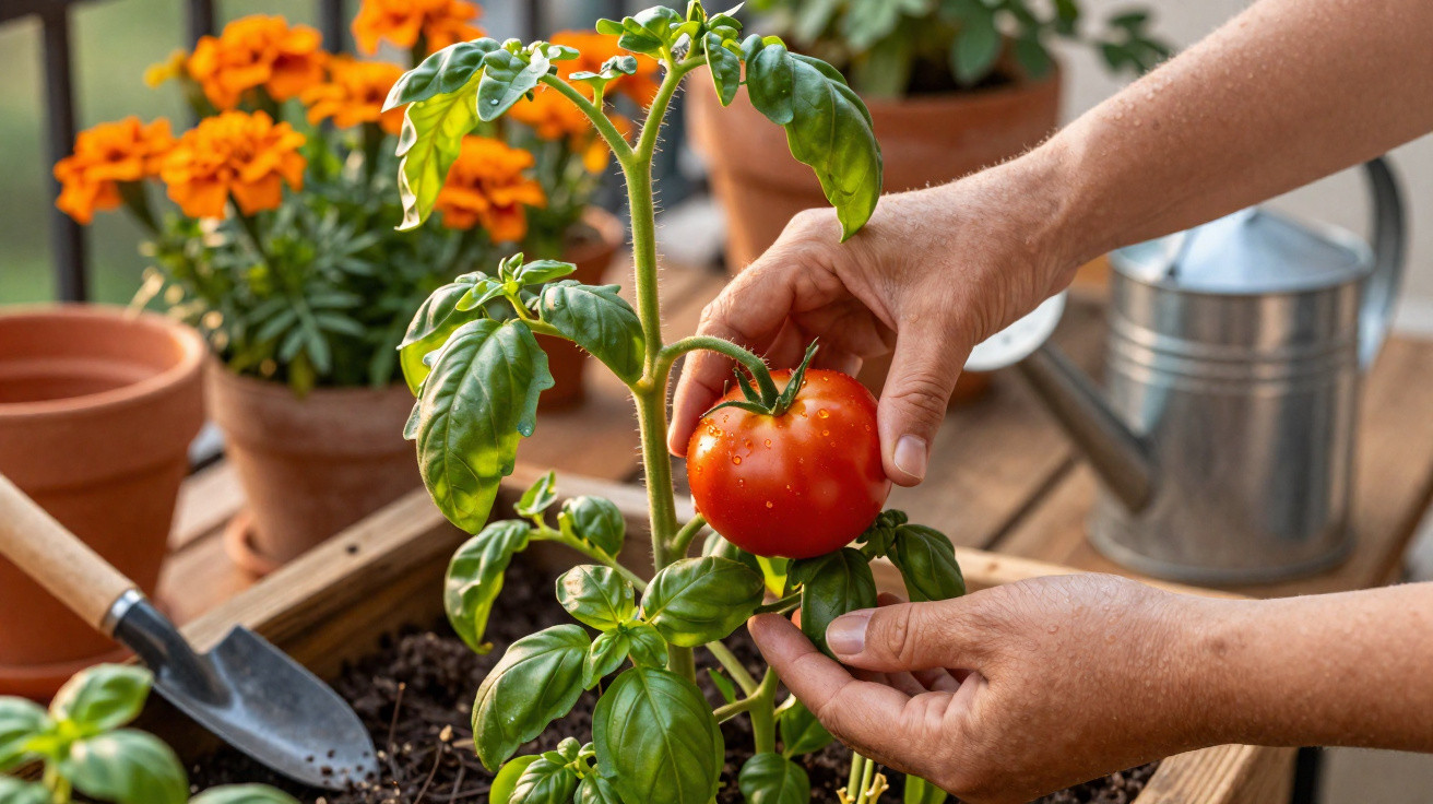 Hands harvesting a ripe tomato from a green plant in a wooden planter with gardening tools nearby.