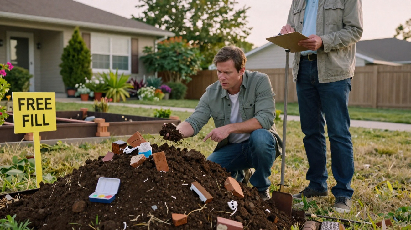 Two men sorting through a pile of soil and debris in a yard with a "Free Fill" sign nearby