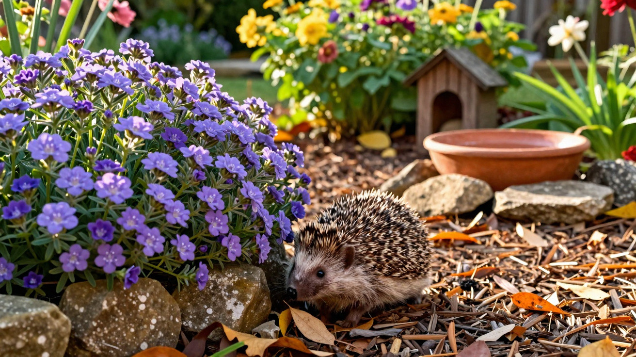 Hedgehog beside purple flowers and garden stones in a sunny garden with colourful blooms and a small wooden shelter.