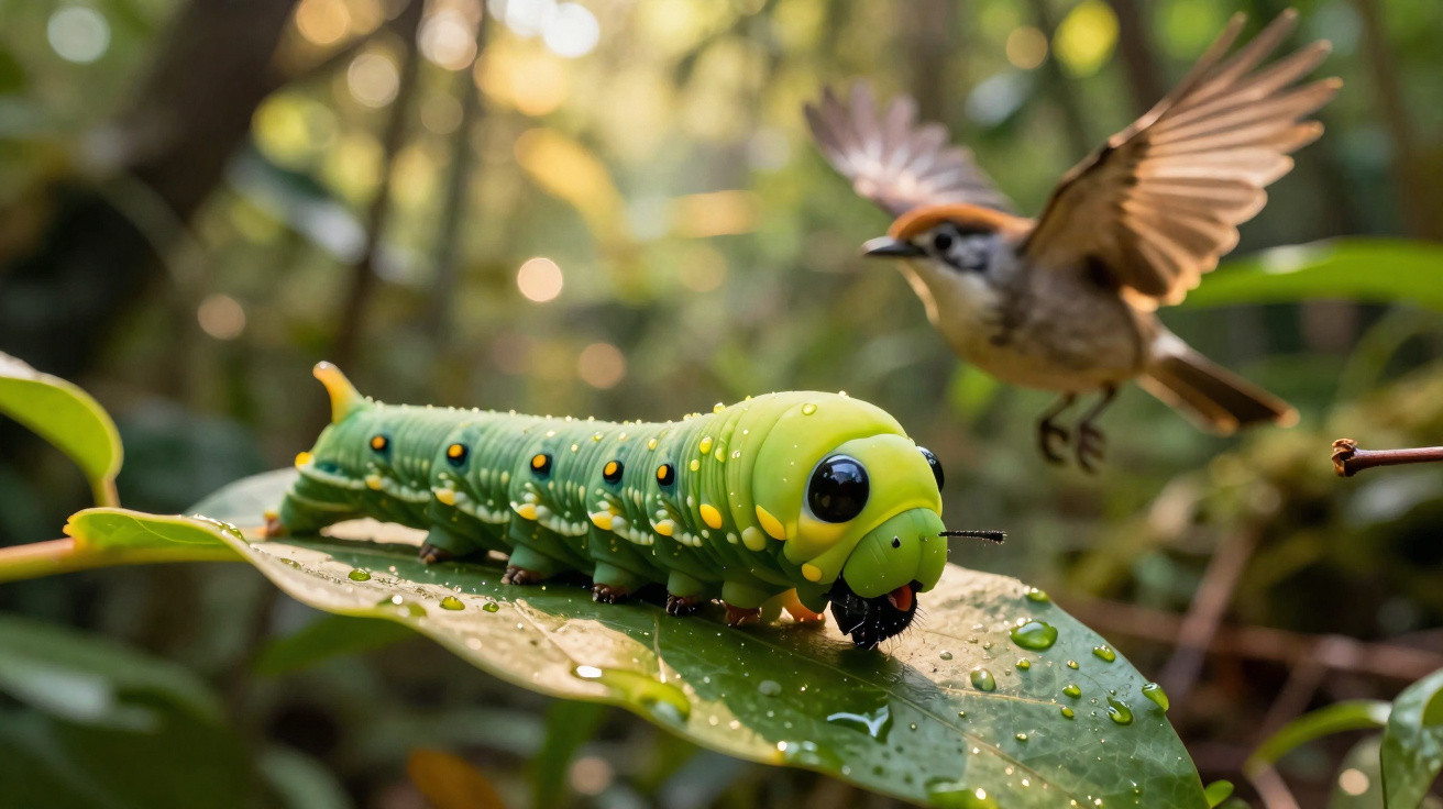 Close-up of a green caterpillar eating on a leaf with a small bird flying nearby in a forest setting.