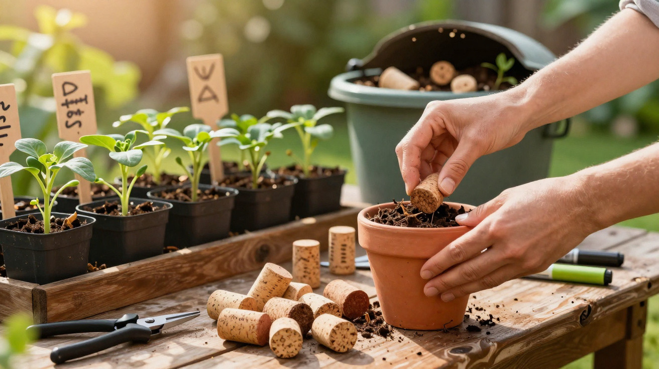 Hands placing a wine cork into a terracotta pot with seedlings and gardening tools on a wooden table outdoors.