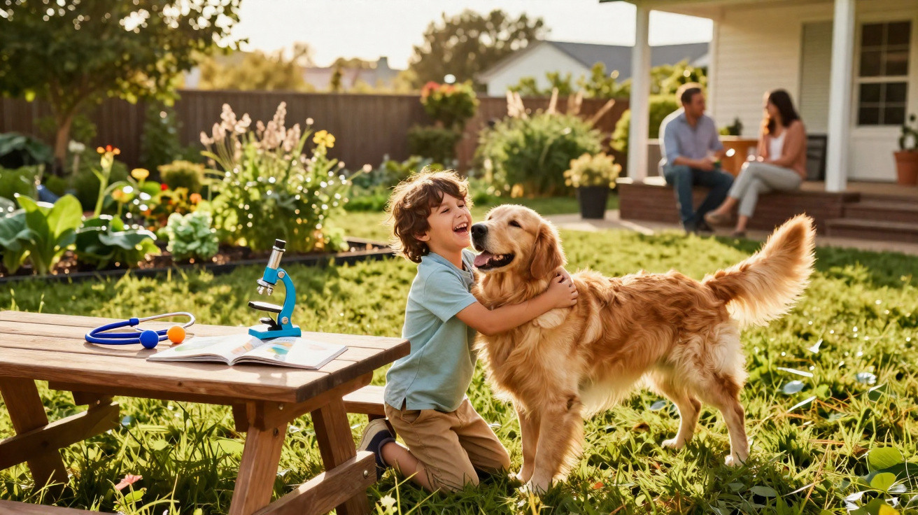 Young boy kneeling and hugging a golden retriever in a sunlit garden with parents sitting on the porch.
