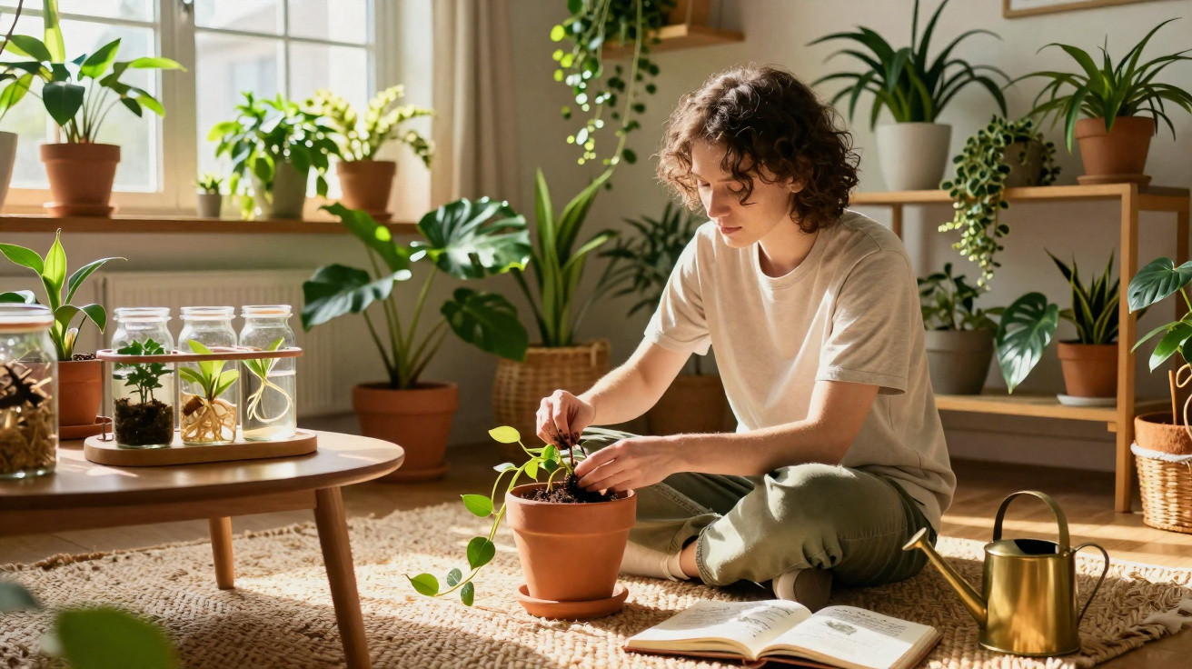 Person sitting on a rug indoors, tending to a potted plant surrounded by various houseplants and gardening tools.