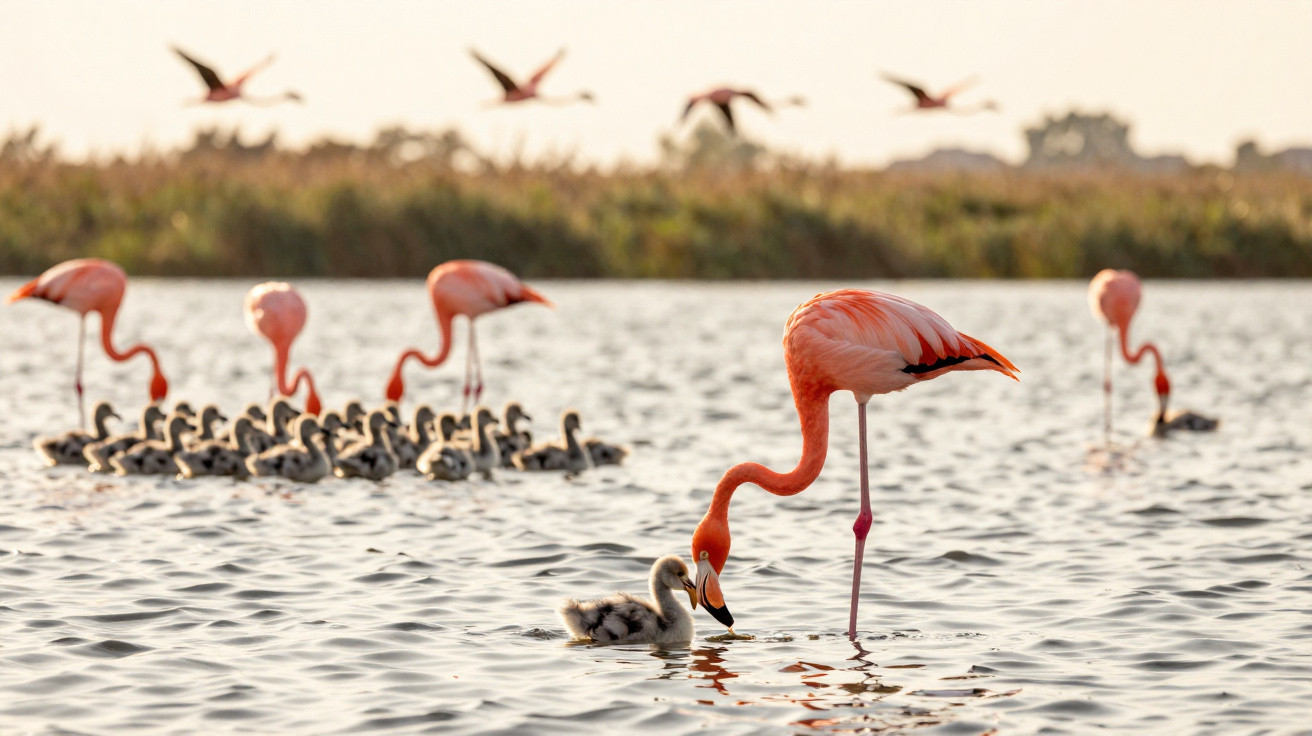 Flamingo adults and chicks wading in water, with some flamingos flying in the background at sunrise or sunset.