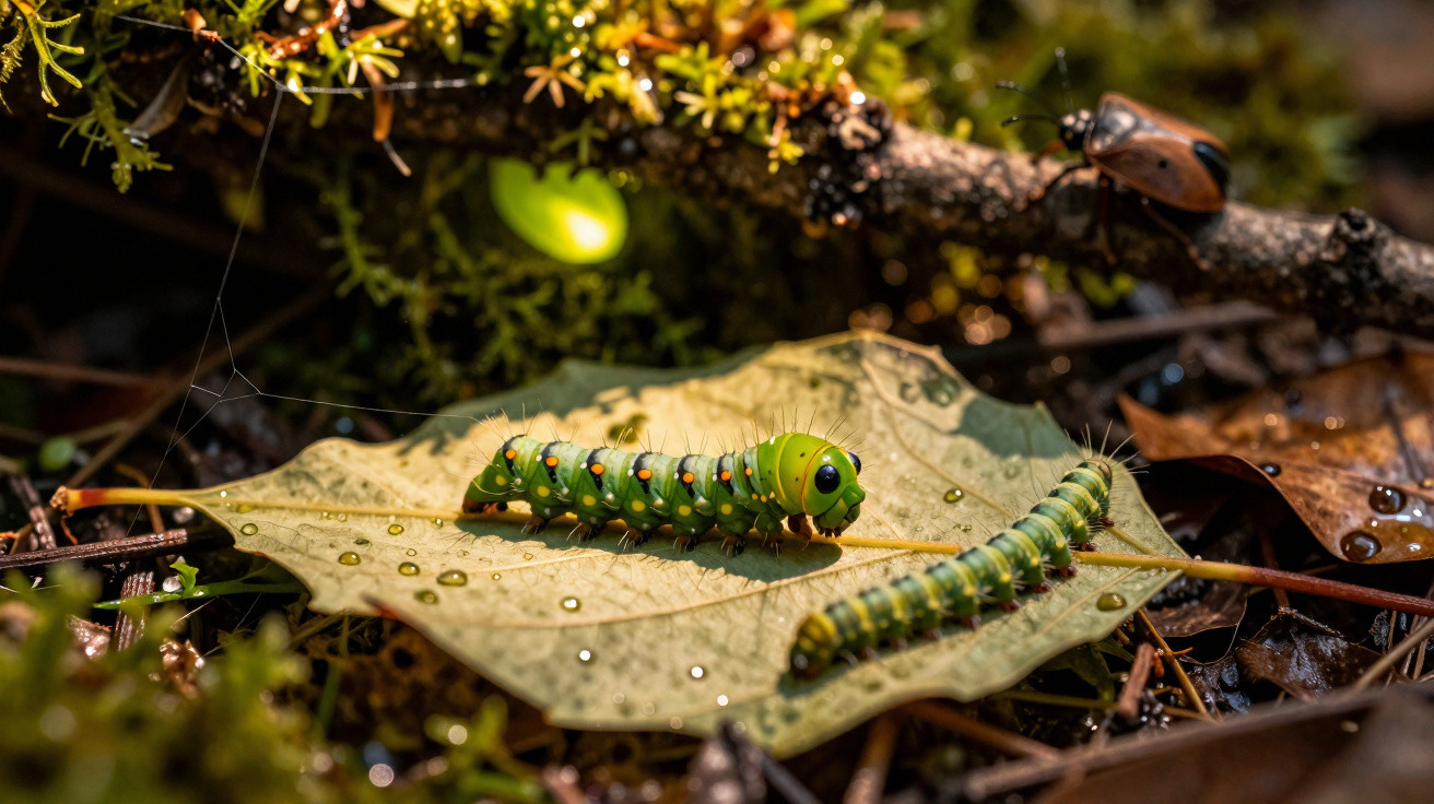 Two green caterpillars on a wet leaf amid forest floor litter and moss in sunlight with a beetle nearby.