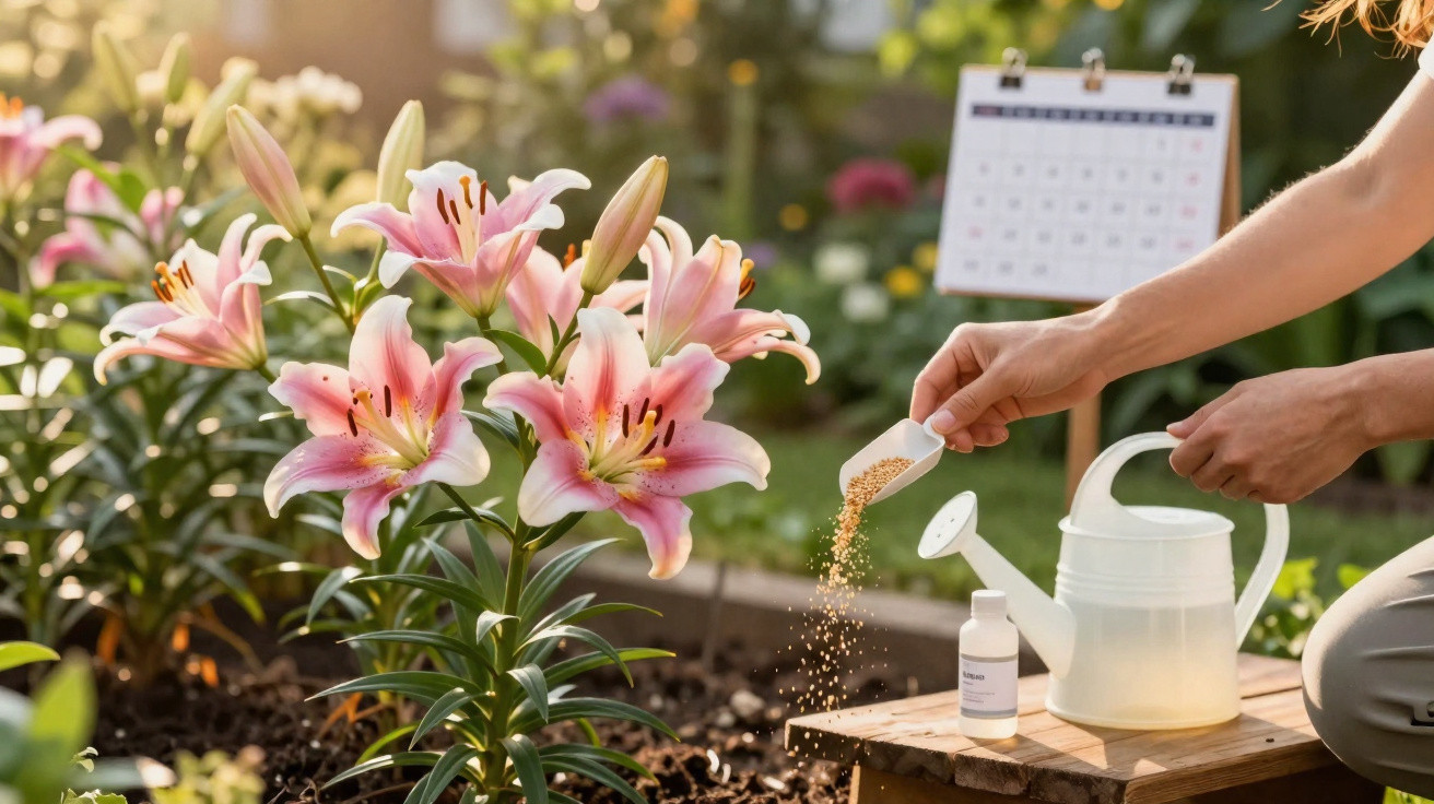 Person sprinkling plant fertiliser near pink lilies in a sunlit garden with a watering can and calendar nearby.