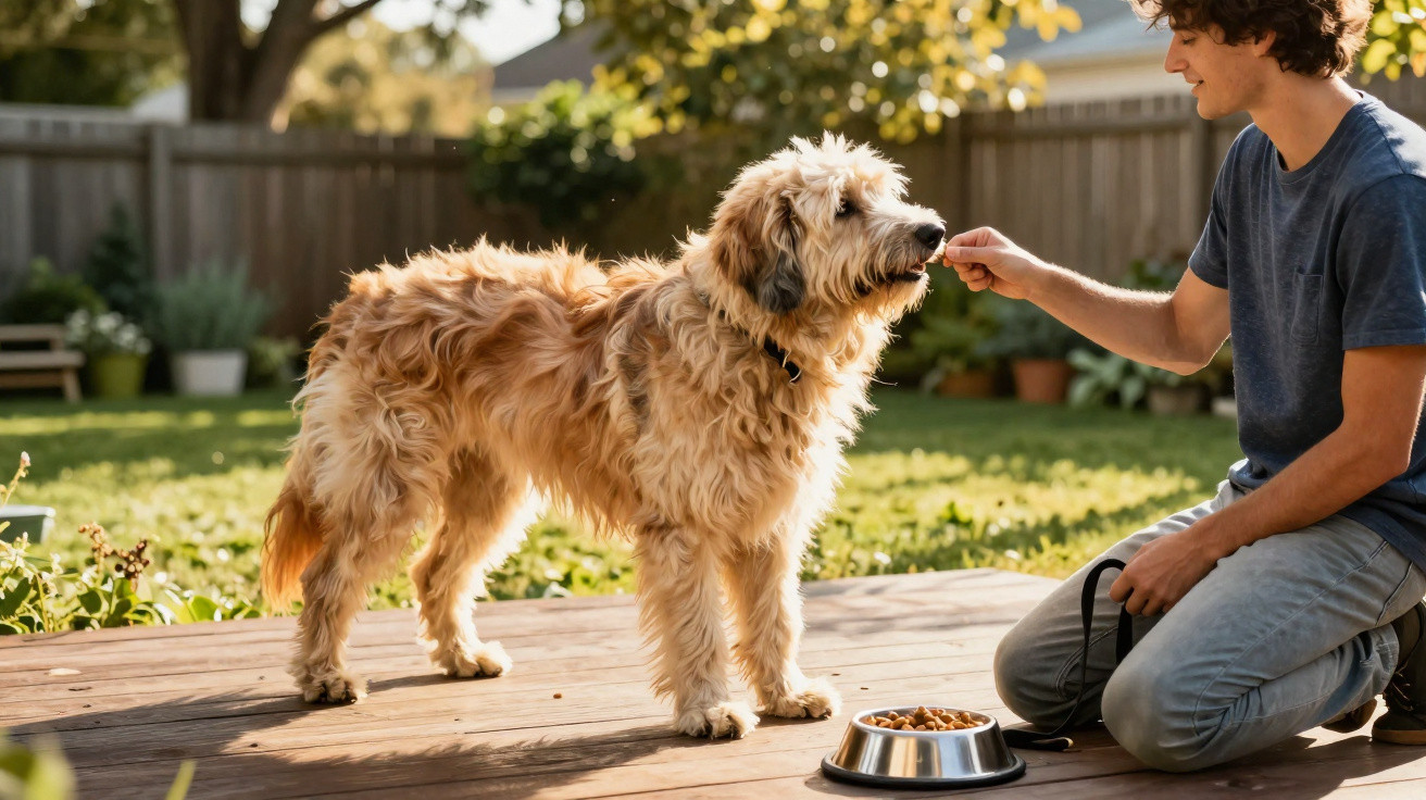 Young man feeding a large fluffy dog a treat outside on a wooden deck next to a bowl of dog food.