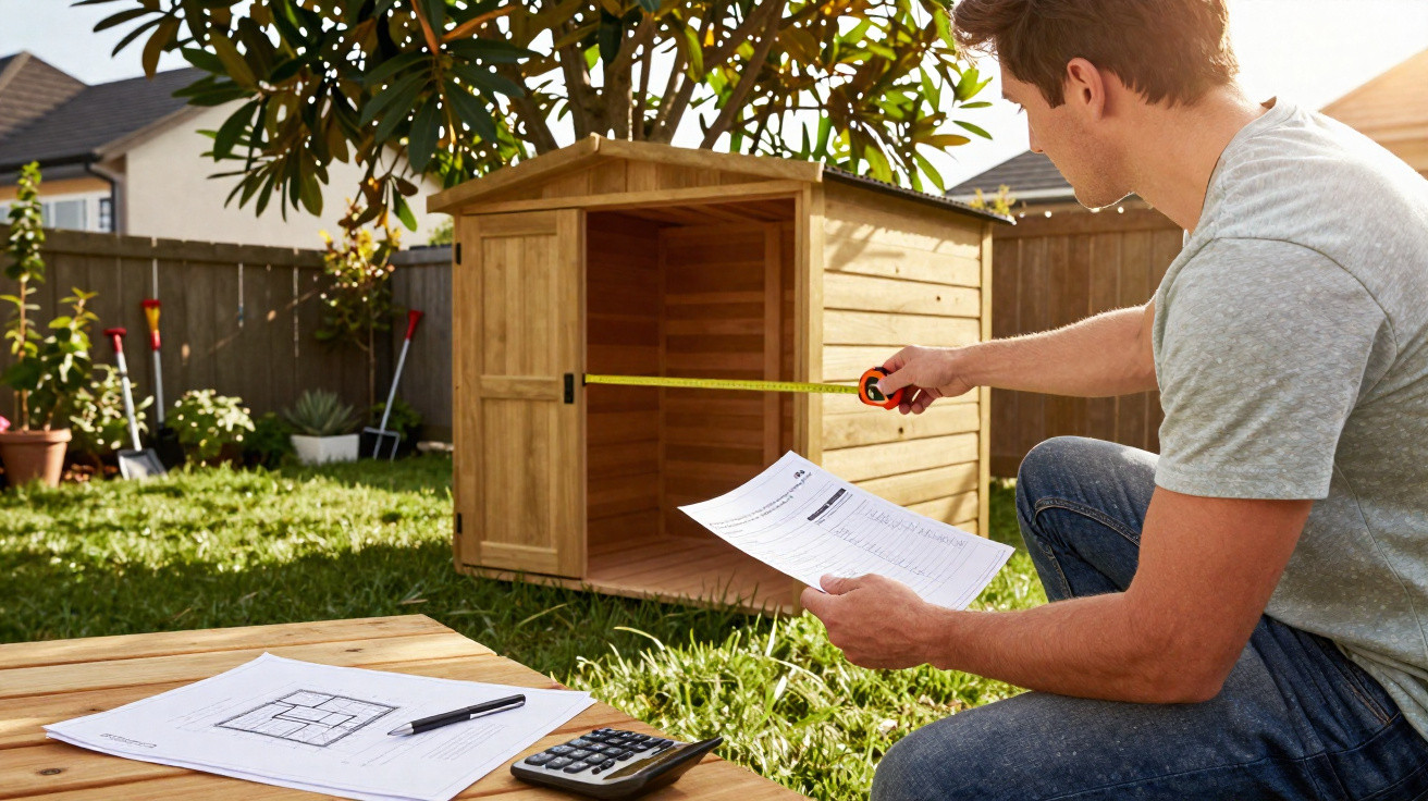 Man measuring a wooden garden shed with a tape measure while holding instructions and sitting outdoors.