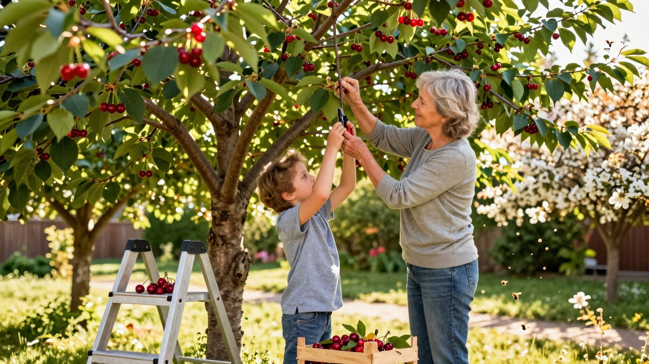 Grandmother and grandson picking cherries together from a tree in a sunny garden.