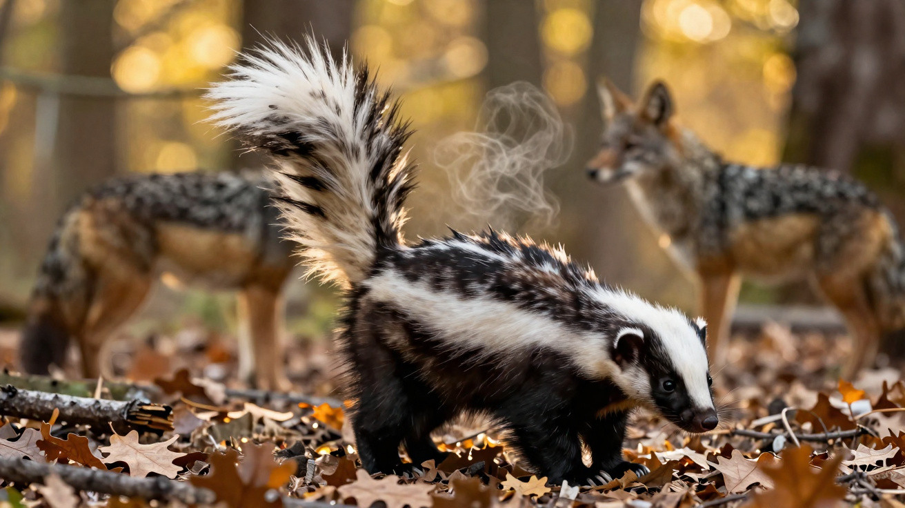 A skunk with steam rising from its fur stands on dry leaves in a forest, with two blurred foxes in the background.