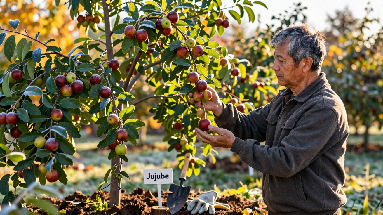 Man harvesting ripe jujube fruits from a tree in a sunlit orchard during autumn.