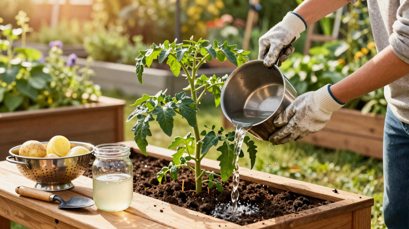 Person wearing gloves watering a young tomato plant in a raised wooden garden bed outdoors.