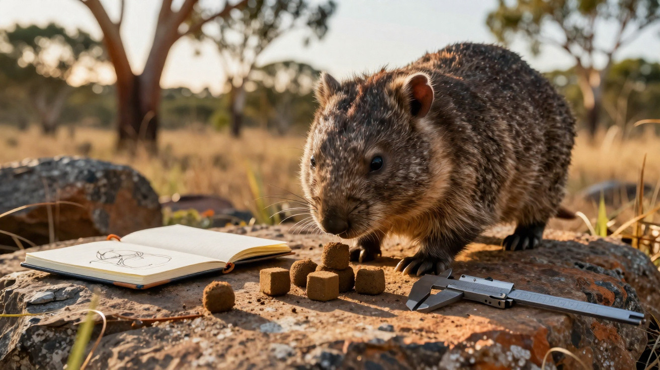 A close-up of a wombat on a rock with food cubes, calipers, and an open notebook with a sketch.