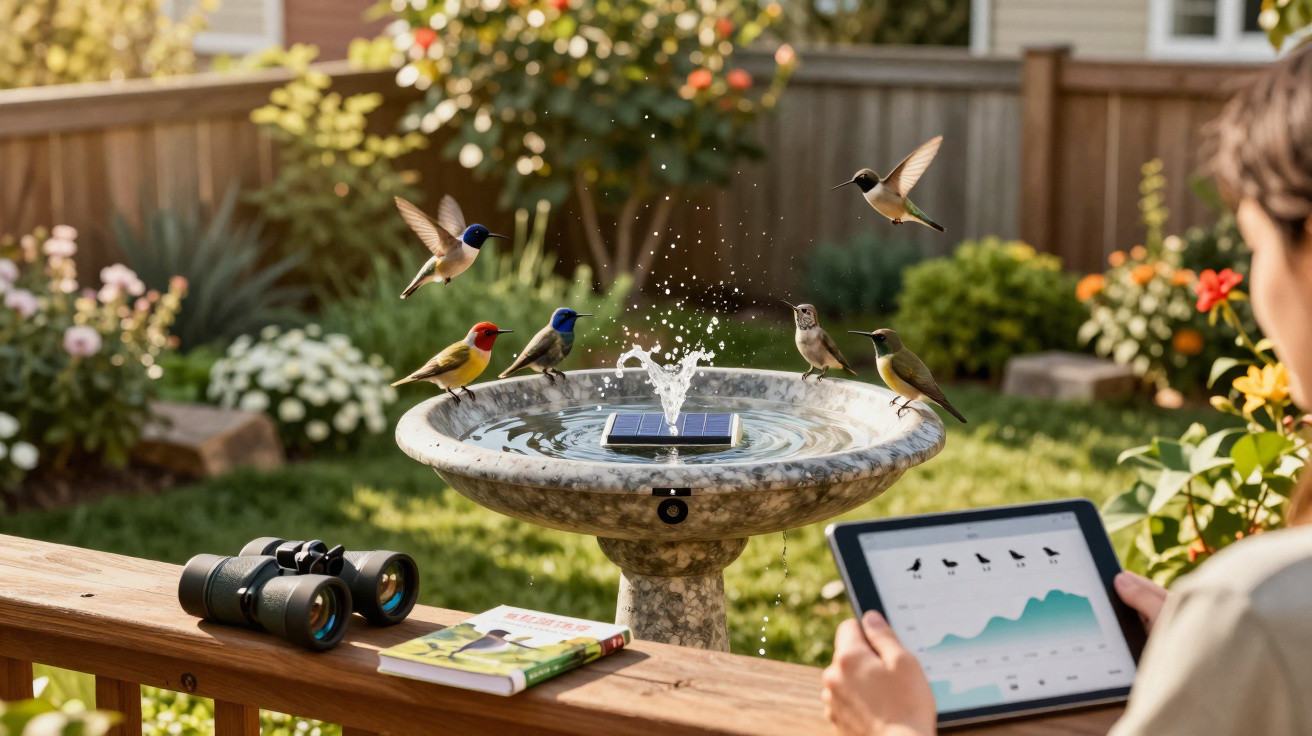 Colourful birds around a stone birdbath with a fountain, person holding a tablet observing bird data in a garden.