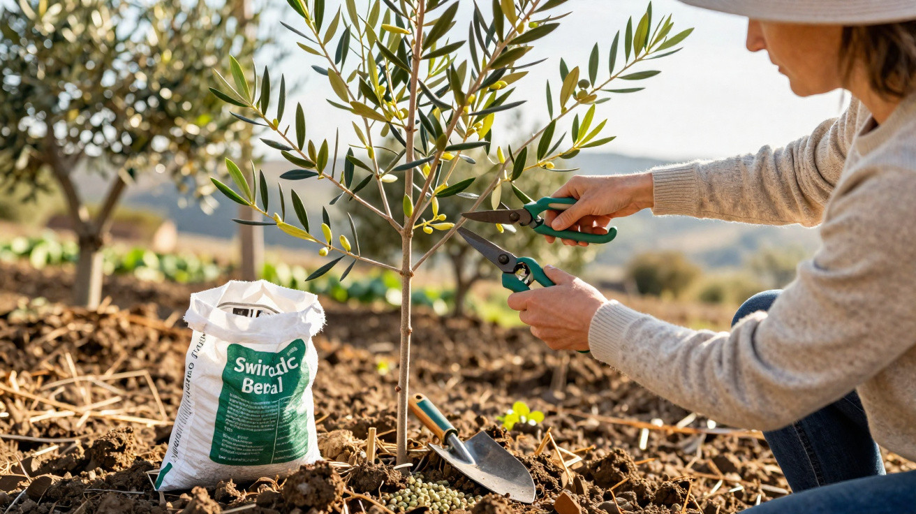 Person pruning a young olive tree with gardening shears beside a bag of fertiliser and garden tools.