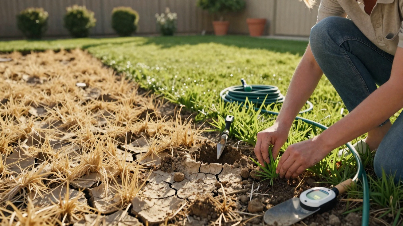 Person planting green shoots in dry, cracked soil with gardening tools and a coiled hose nearby in a garden.