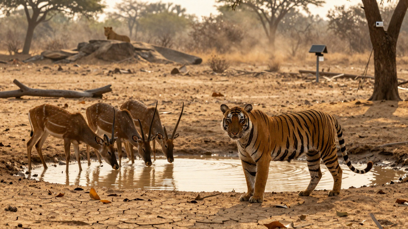 A tiger and three antelopes drinking from a waterhole in a dry forest with a lion resting on rocks in the background.