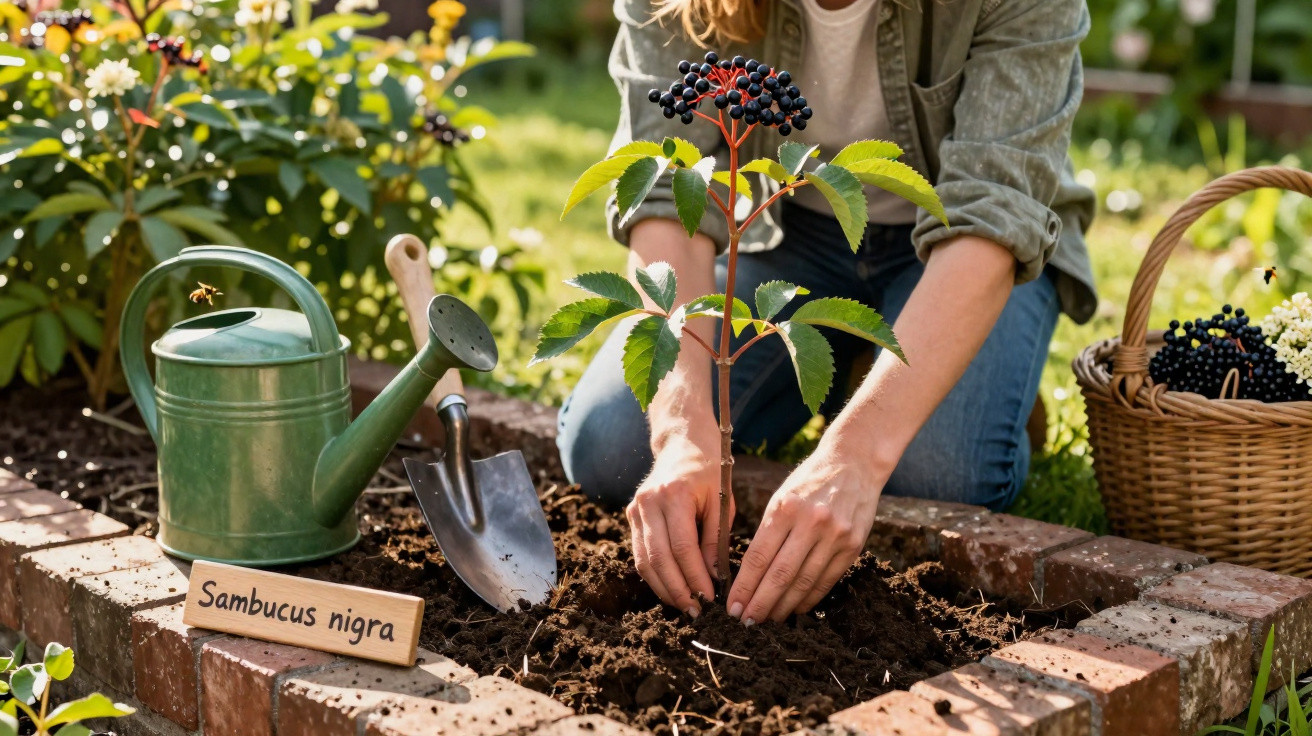 Person planting Sambucus nigra elderberry in garden bed with watering can and basket of berries nearby